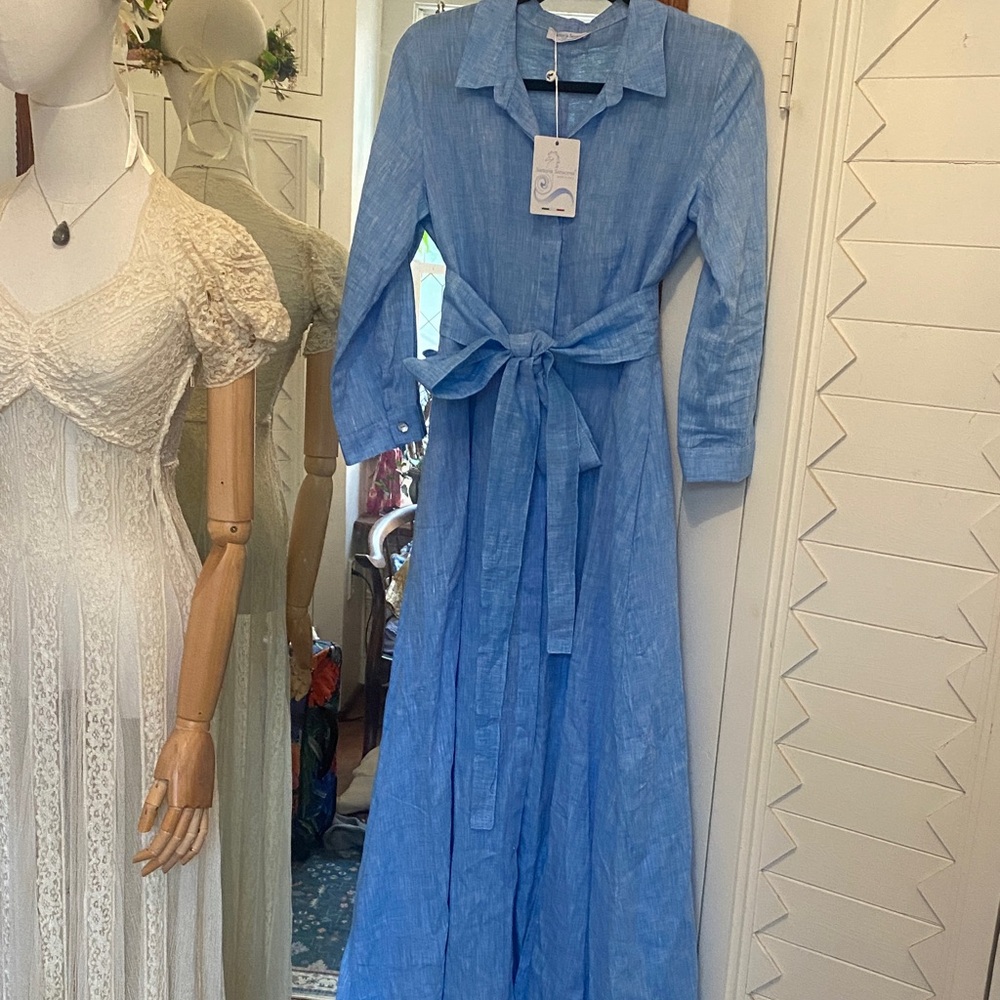 Italian Linen Blue Maxi Dress with Belt